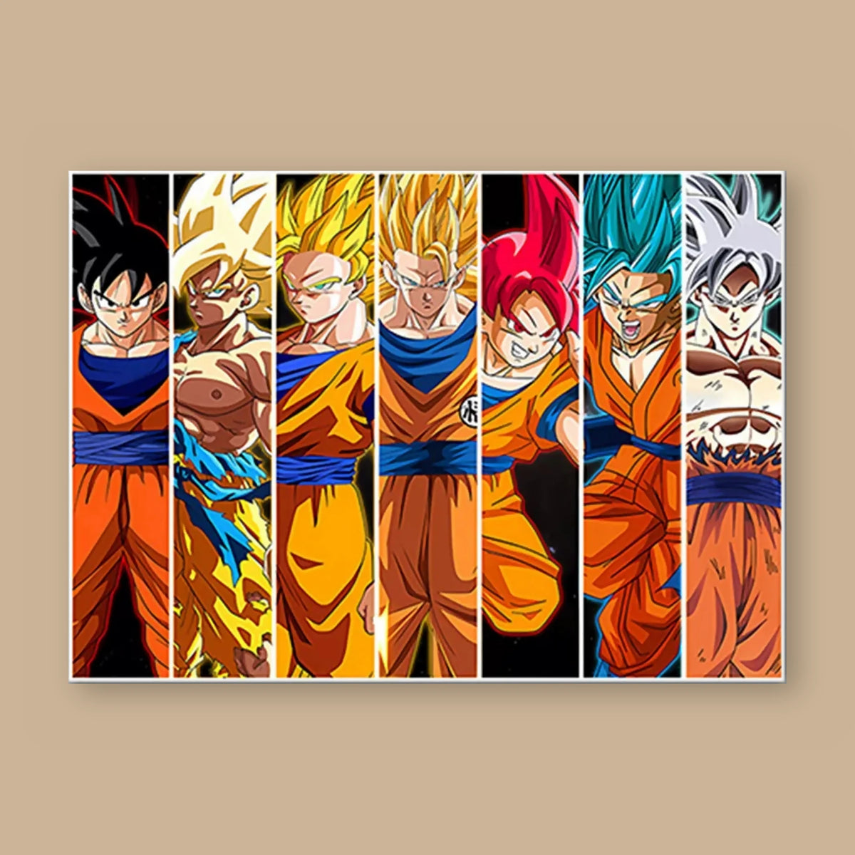 Poster Dragon Ball Son Goku — sept bandes, format paysage, vu à plat sur fond uni : illustration numérique contemporaine, imprimé sur toile mate et livré sans cadre