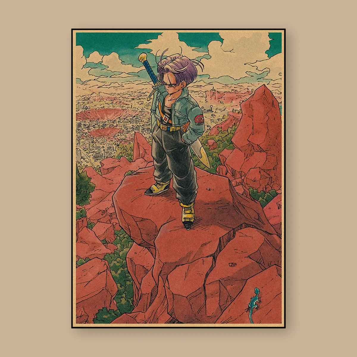 Poster Dragon Ball Trunks — sur les rochers rouges, vu à plat sur fond uni : illustration rétro, fond papier kraft, imprimé sur toile mate et livré sans cadre