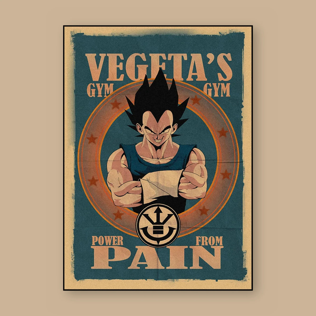 Poster Dragon Ball Vegeta — affiche de salle de sport, vu à plat sur fond uni : illustration rétro, fond papier kraft, imprimé sur toile mate et livré sans cadre