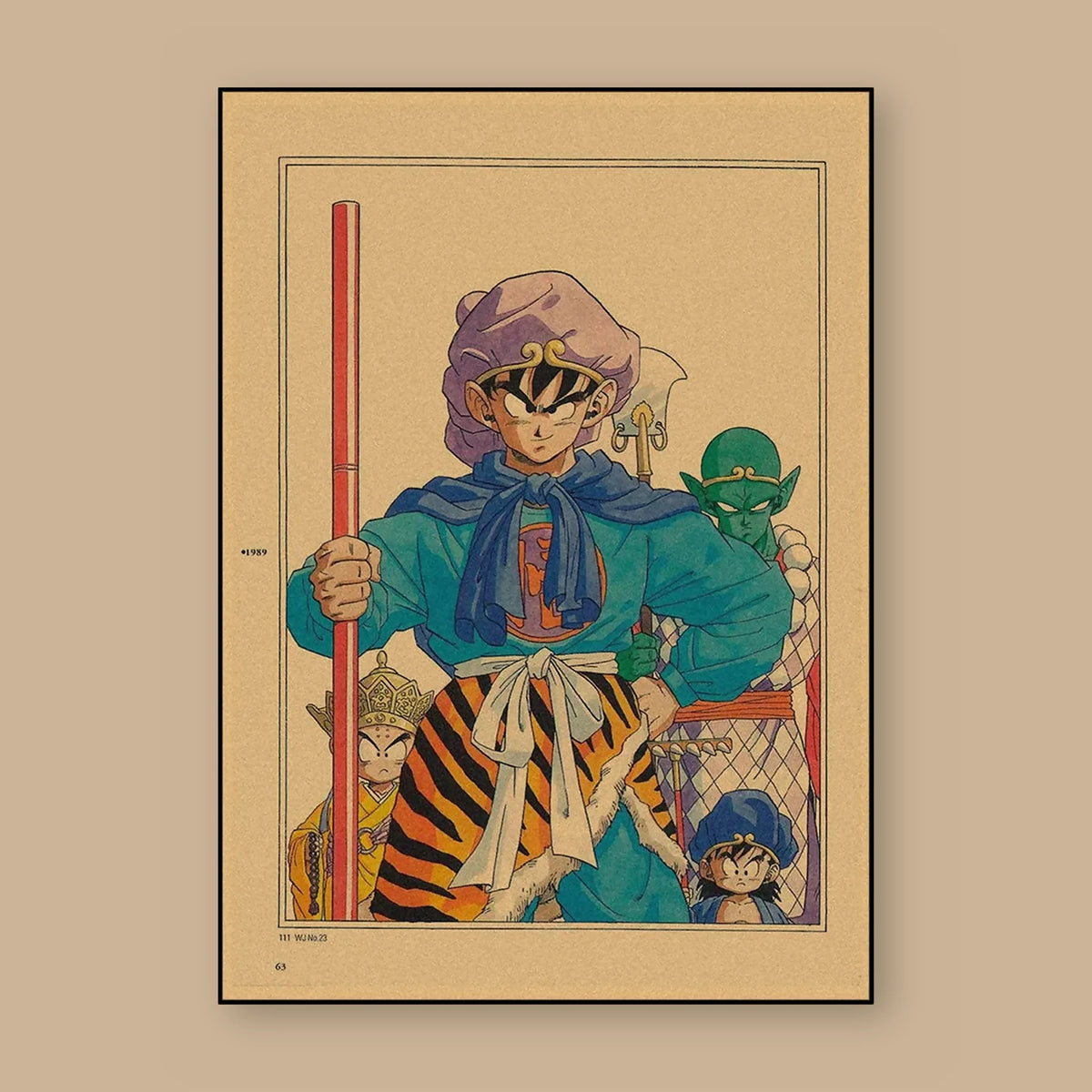 Poster Dragon Ball Goku, Piccolo — costumes du Voyage vers l'Ouest, vu à plat sur fond uni : illustration rétro, fond papier kraft, imprimé sur toile mate et livré sans cadre