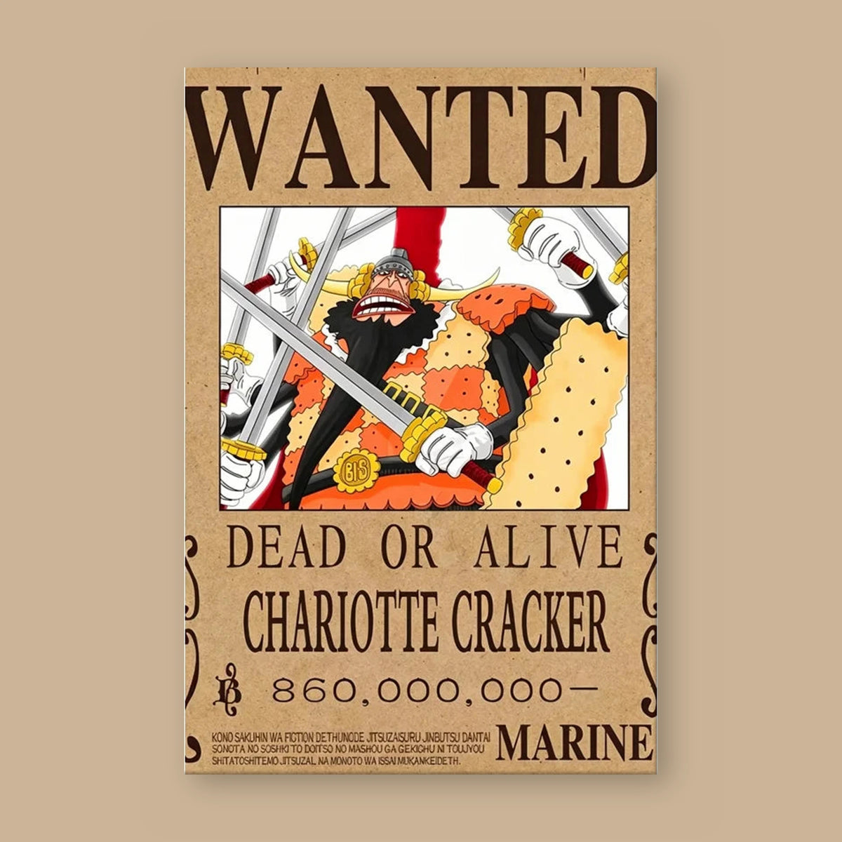 Affiche One Piece WANTED de Charlotte Cracker à plat : papier kraft, titre WANTED, portrait du personnage, mention DEAD OR ALIVE et prime de 860 000 000 berrys