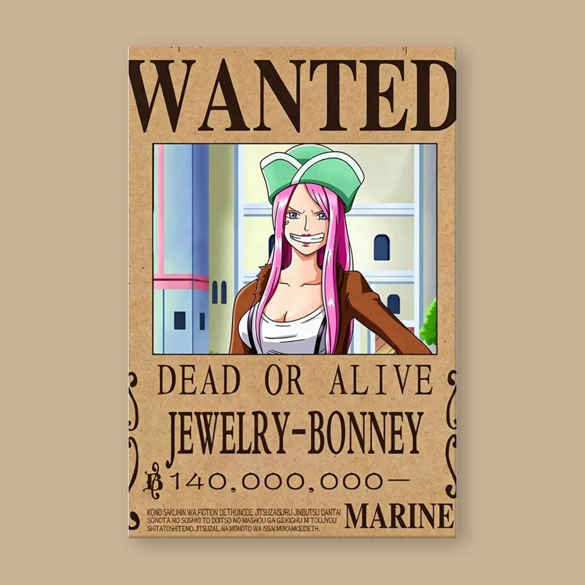 Affiche One Piece WANTED de Jewelry Bonney à plat : papier kraft, titre WANTED, portrait du personnage, mention DEAD OR ALIVE et prime de 140 000 000 berrys