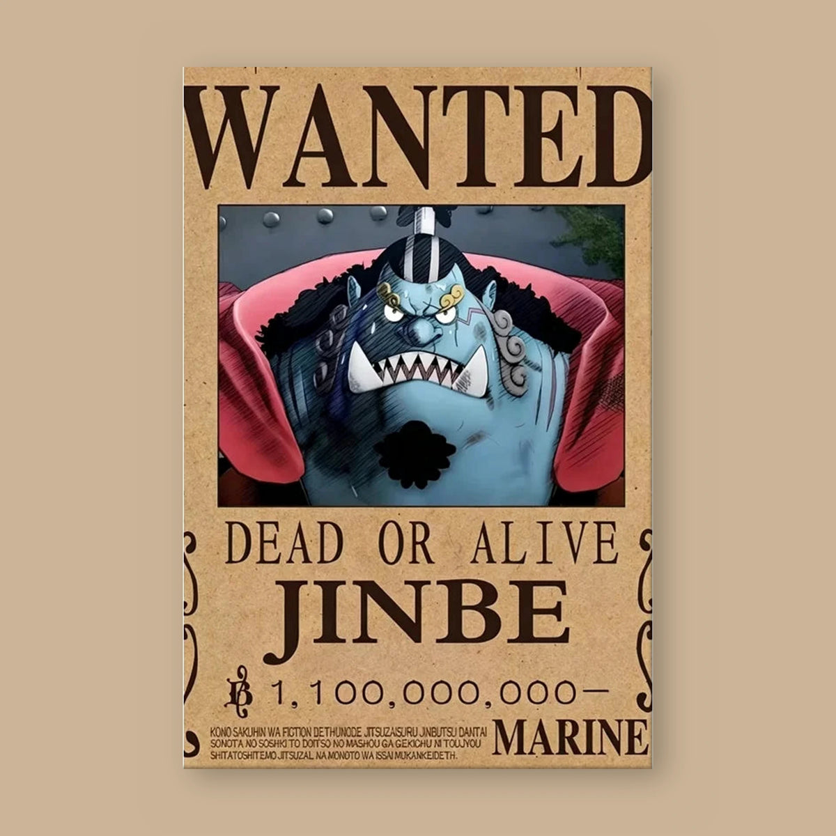 Affiche One Piece WANTED de Jinbe à plat : papier kraft, titre WANTED, portrait du personnage, mention DEAD OR ALIVE et prime de 1 100 000 000 berrys