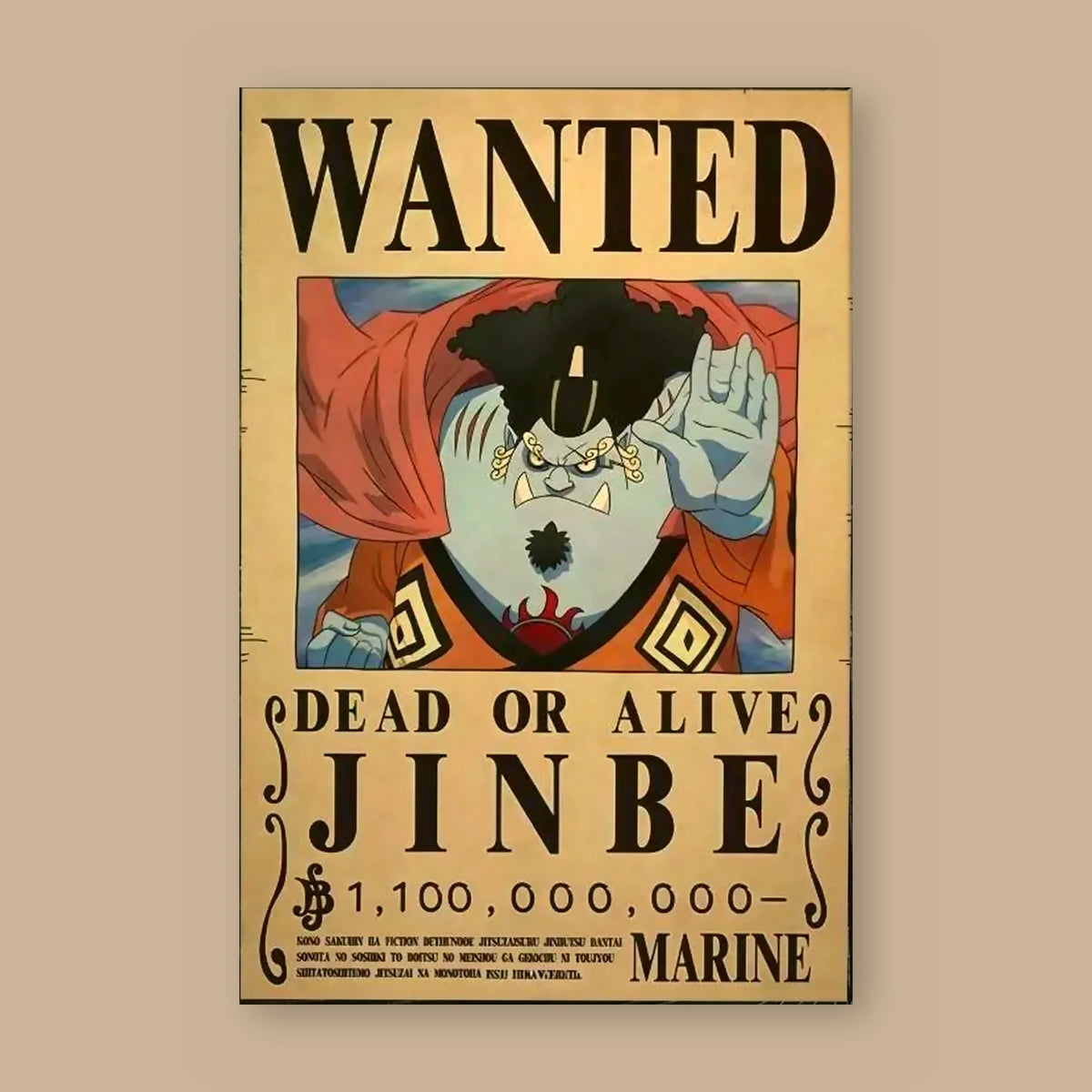 Affiche One Piece WANTED de Jinbe à plat : papier kraft, titre WANTED, portrait du personnage, mention DEAD OR ALIVE et prime de 1 100 000 000 berrys