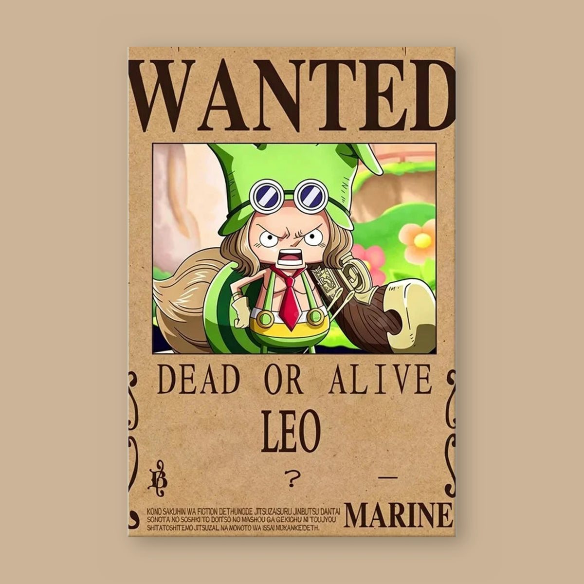 Affiche One Piece WANTED de Leo à plat : papier kraft, titre WANTED, portrait du personnage, mention DEAD OR ALIVE et prime masquée d'un point d'interrogation