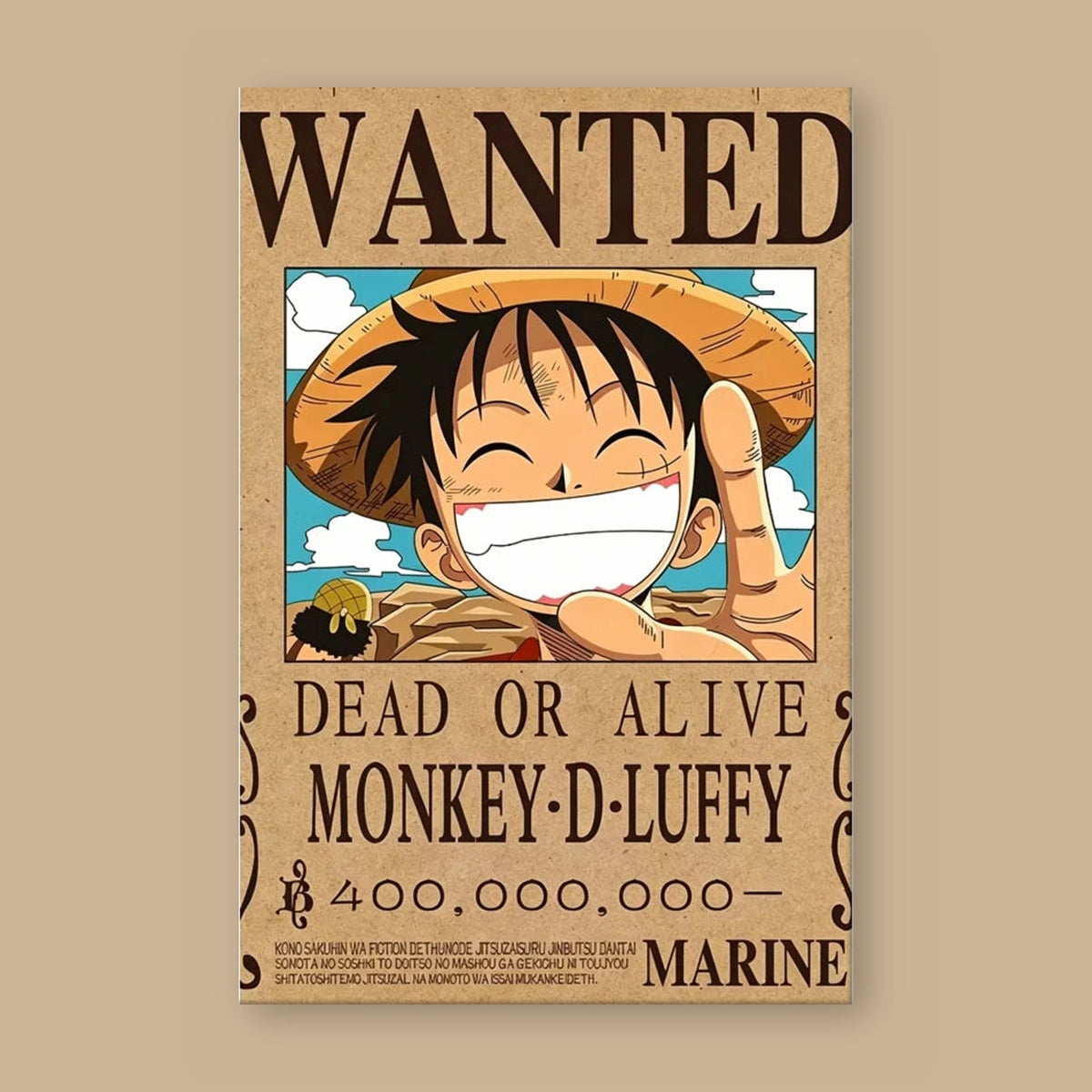 Affiche One Piece WANTED de Monkey D. Luffy à plat : papier kraft, titre WANTED, portrait du personnage, mention DEAD OR ALIVE et prime de 400 000 000 berrys