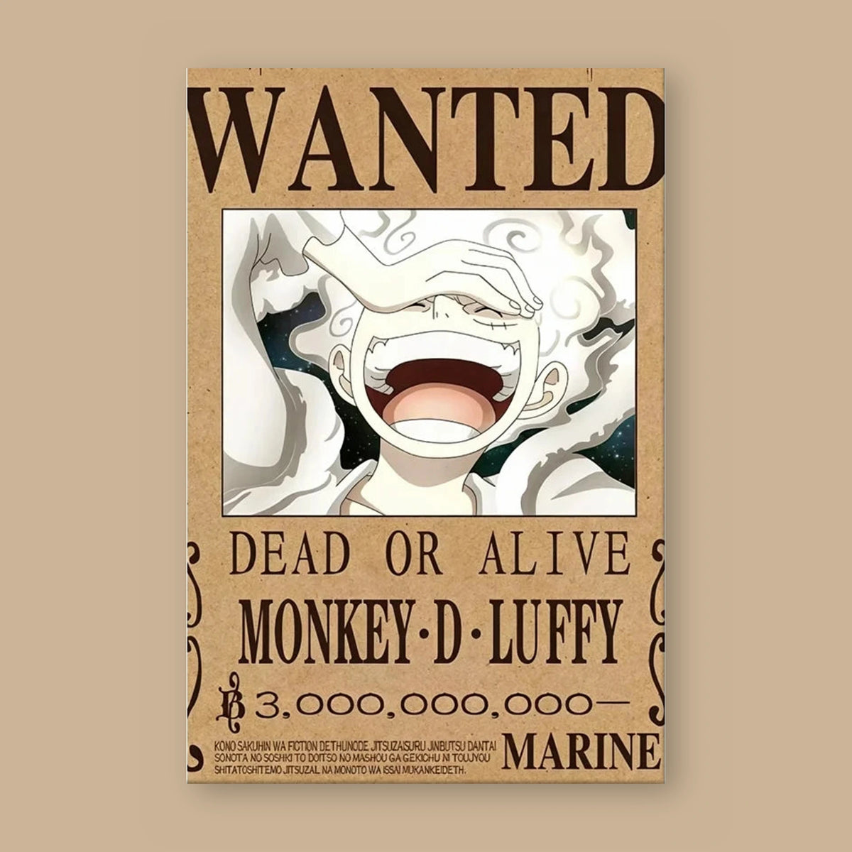 Affiche One Piece WANTED de Monkey D. Luffy à plat : papier kraft, titre WANTED, portrait du personnage, mention DEAD OR ALIVE et prime de 3 000 000 000 berrys