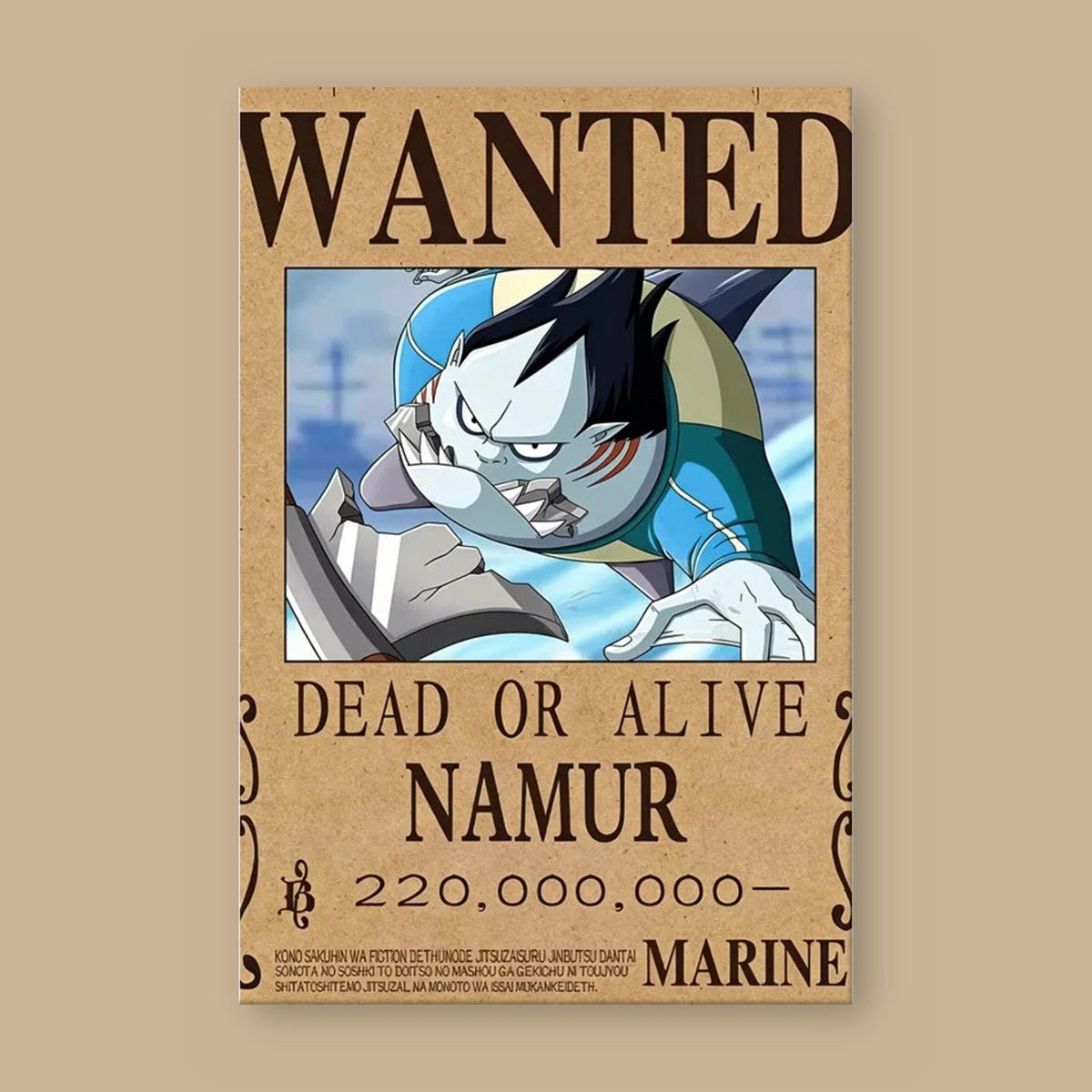 Affiche One Piece WANTED de Namur à plat : papier kraft, titre WANTED, portrait du personnage, mention DEAD OR ALIVE et prime de 220 000 000 berrys