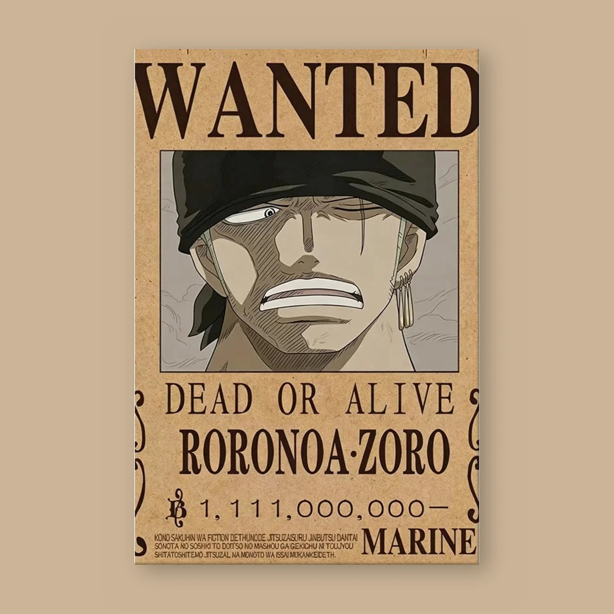 Affiche One Piece WANTED de Roronoa Zoro à plat : papier kraft, titre WANTED, portrait du personnage, mention DEAD OR ALIVE et prime de 1 111 000 000 berrys