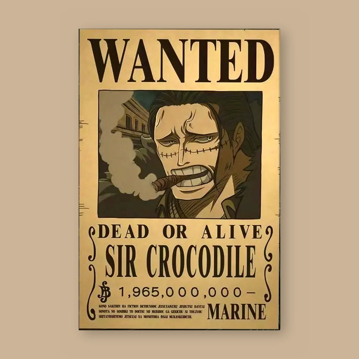 Affiche One Piece WANTED de Sir Crocodile à plat : papier kraft, titre WANTED, portrait du personnage, mention DEAD OR ALIVE et prime de 1 965 000 000 berrys