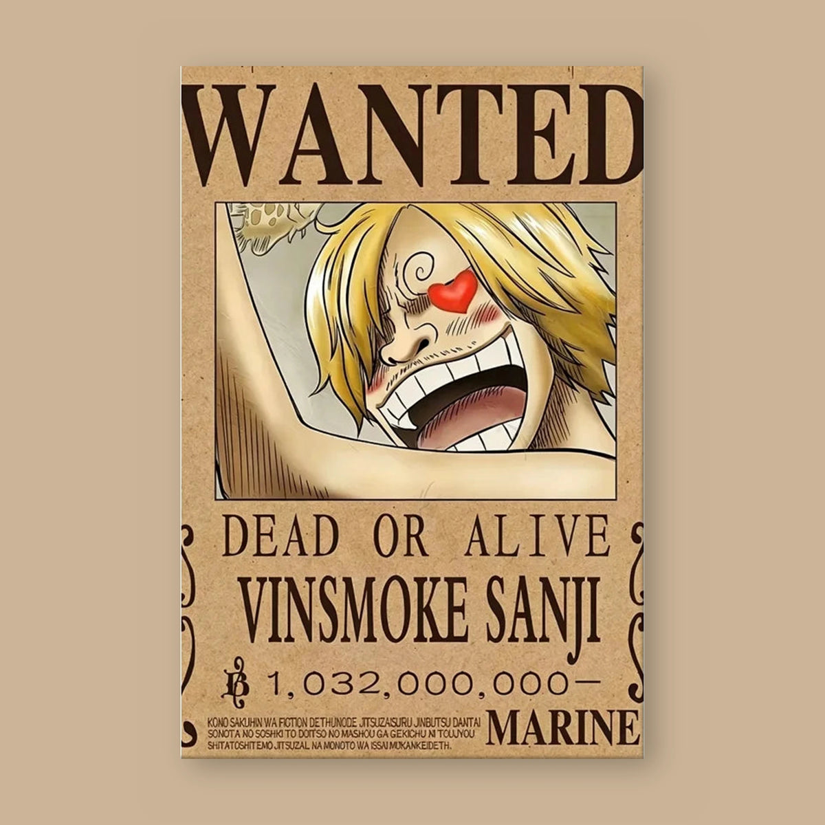 Affiche One Piece WANTED de Vinsmoke Sanji à plat : papier kraft, titre WANTED, portrait du personnage, mention DEAD OR ALIVE et prime de 1 032 000 000 berrys