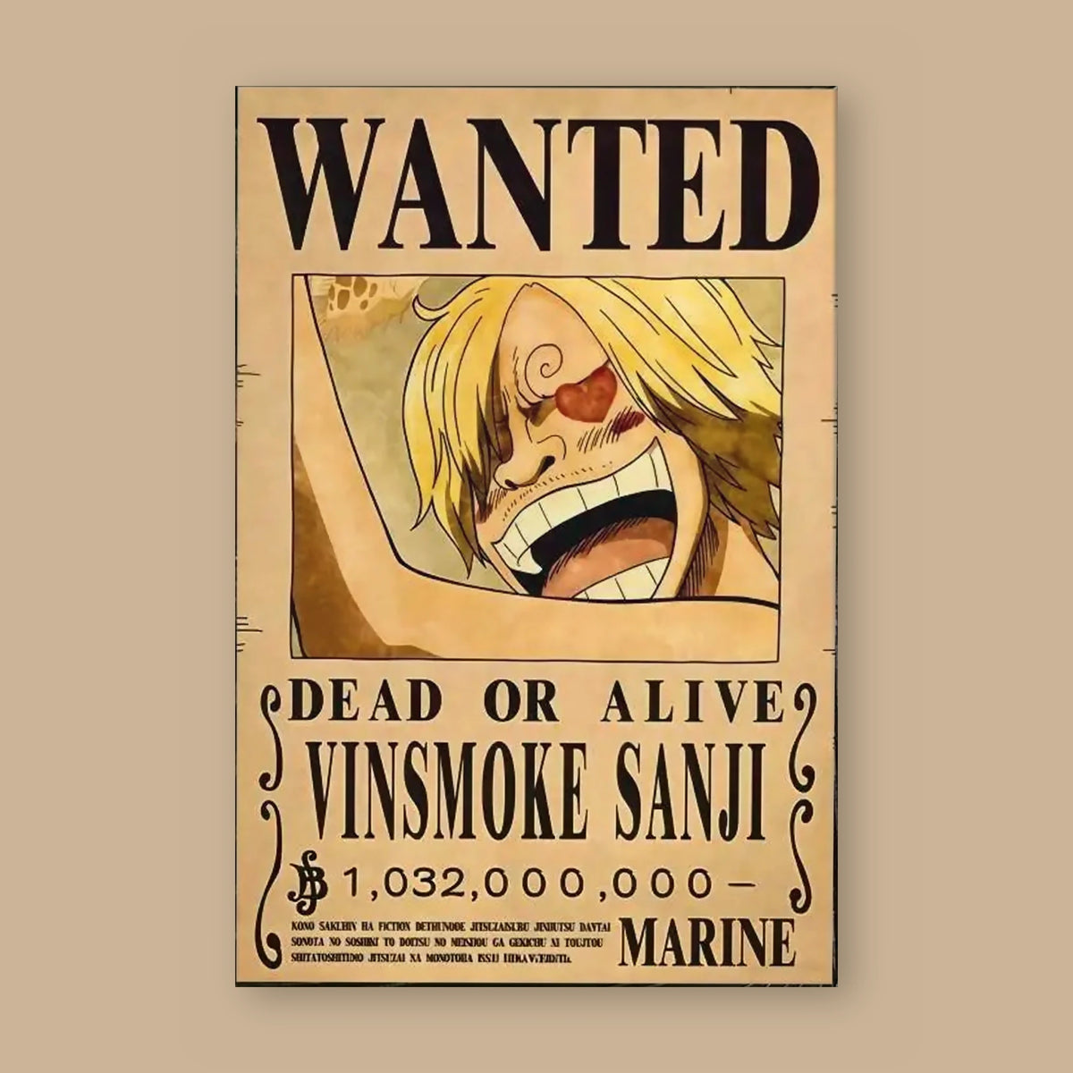 Affiche One Piece WANTED de Vinsmoke Sanji à plat : papier kraft, titre WANTED, portrait du personnage, mention DEAD OR ALIVE et prime de 1 032 000 000 berrys