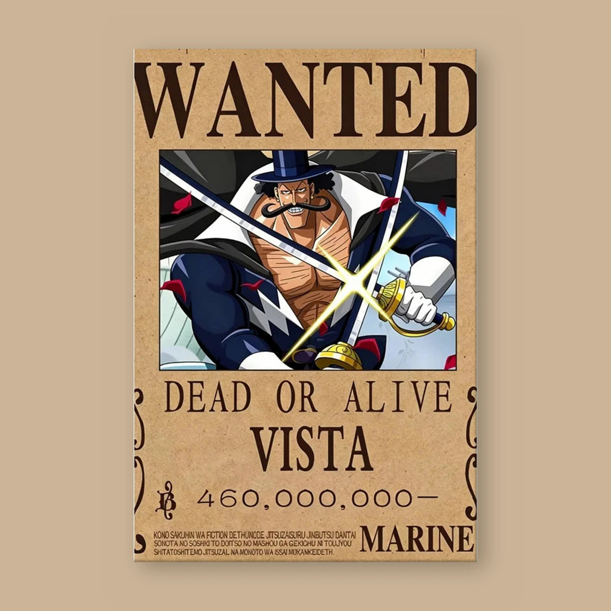Affiche One Piece WANTED de Vista à plat : papier kraft, titre WANTED, portrait du personnage, mention DEAD OR ALIVE et prime de 460 000 000 berrys
