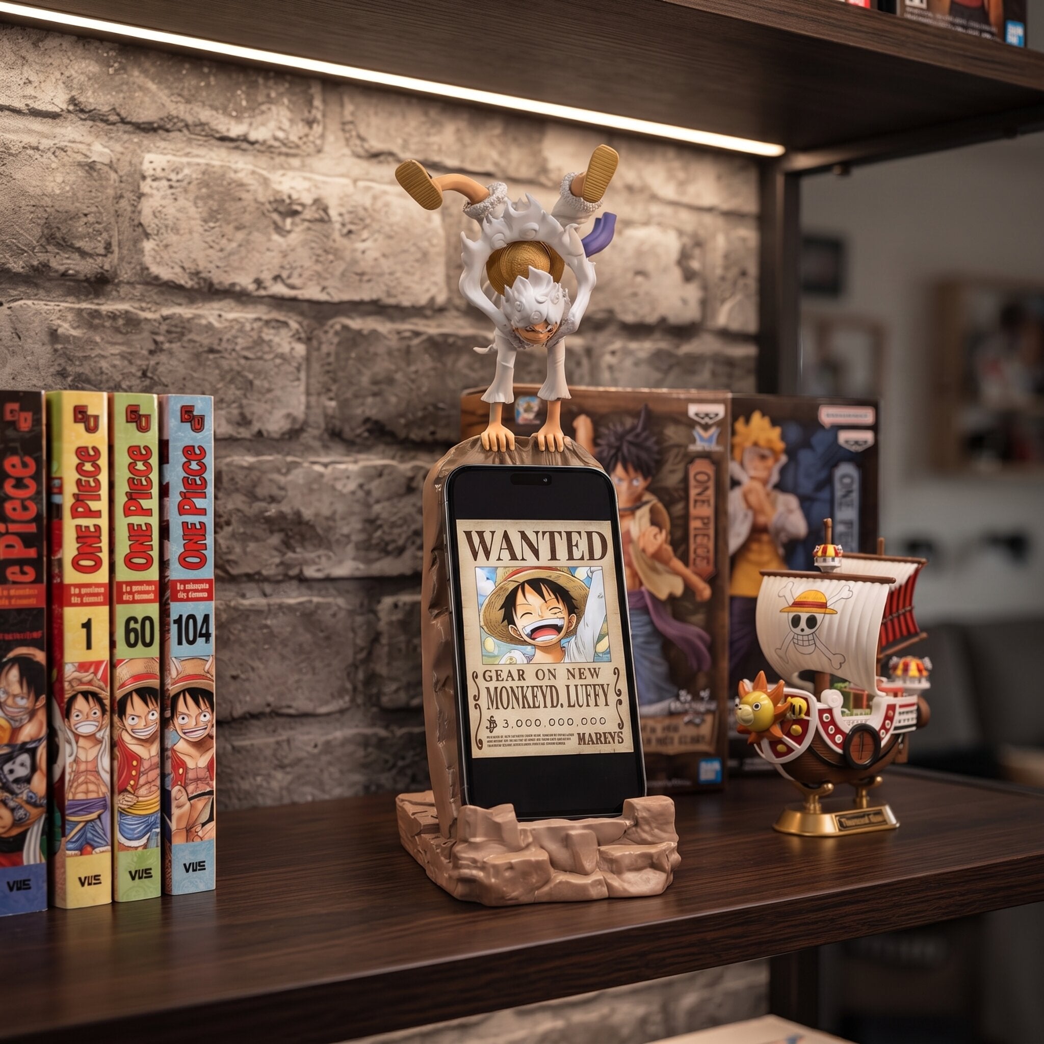 Support telephone Luffy Gear 5 One Piece - exposee sur une etagere (decor non inclus)