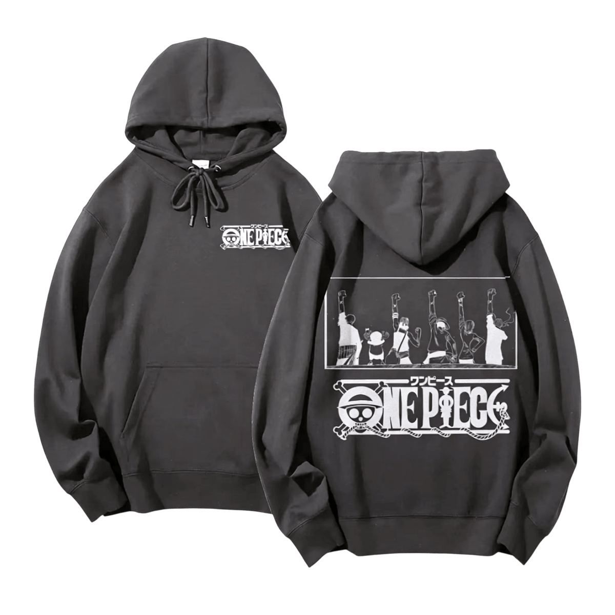 Charcoal gray One Piece hoodie, front and back: logo on the chest, the Straw Hat crew with arms raised and a large logo on the back