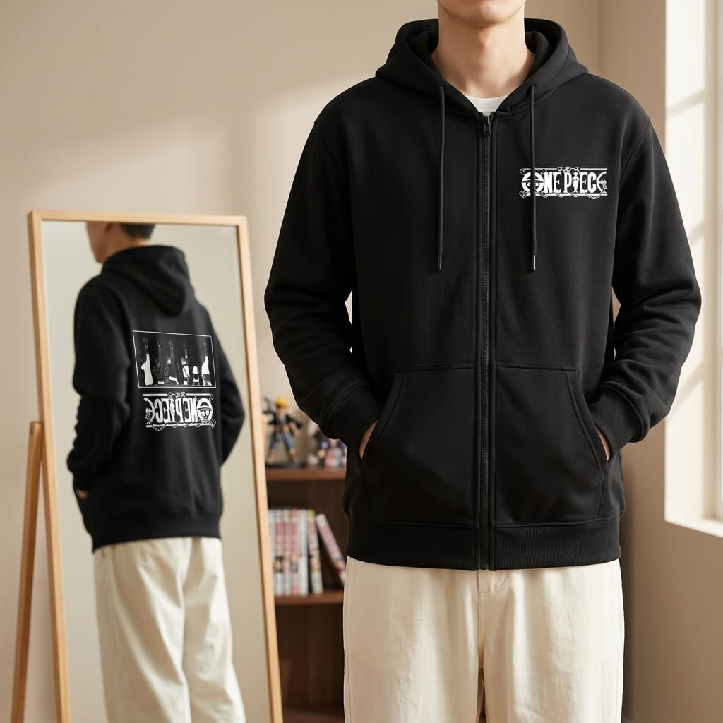 Black One Piece hoodie worn, One Piece logo on the chest, with the Straw Hat crew on the back visible in the mirror (decor not included)
