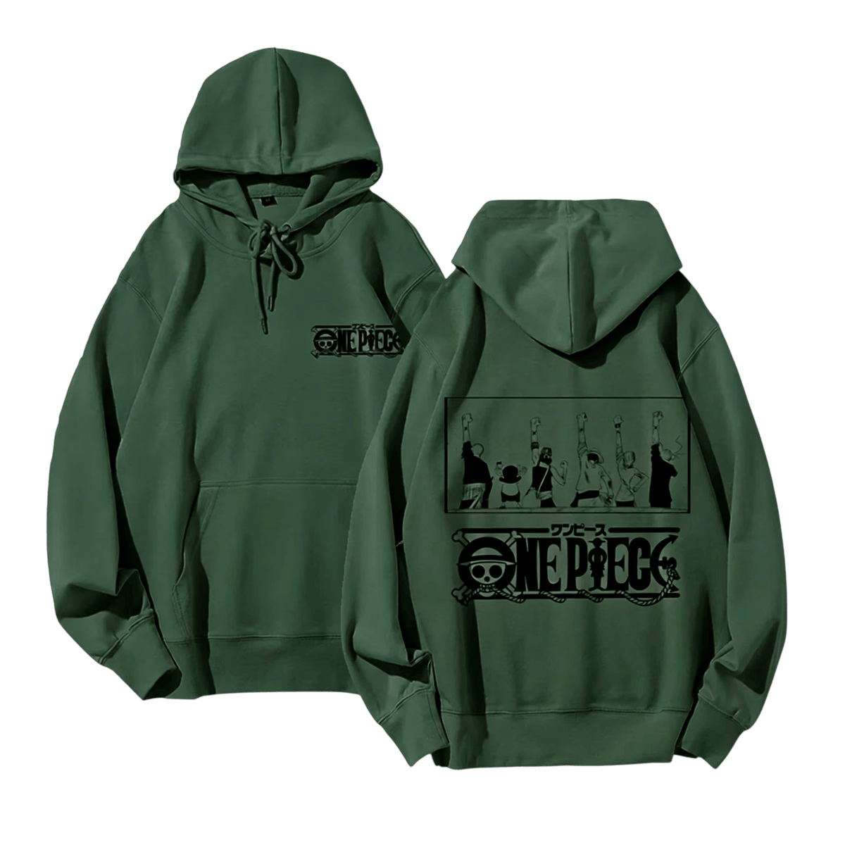 Green One Piece hoodie, front and back: logo on the chest, the Straw Hat crew with arms raised and a large logo on the back