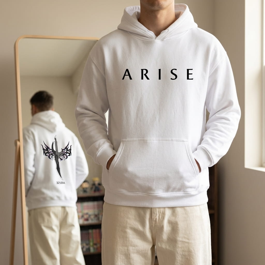 White Solo Leveling hoodie worn, “A R I S E” printed on the chest and the winged dagger visible on the back in the mirror (decor not included)