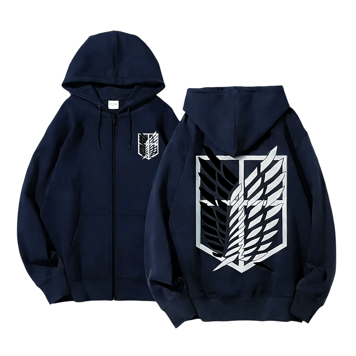 Navy blue Attack on Titan zip-up hoodie, front and back: Wings of Freedom on the chest and large on the back