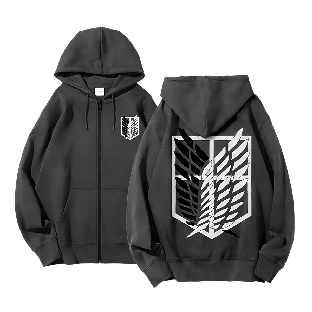Charcoal gray Attack on Titan zip-up hoodie, front and back: Wings of Freedom on the chest and large on the back