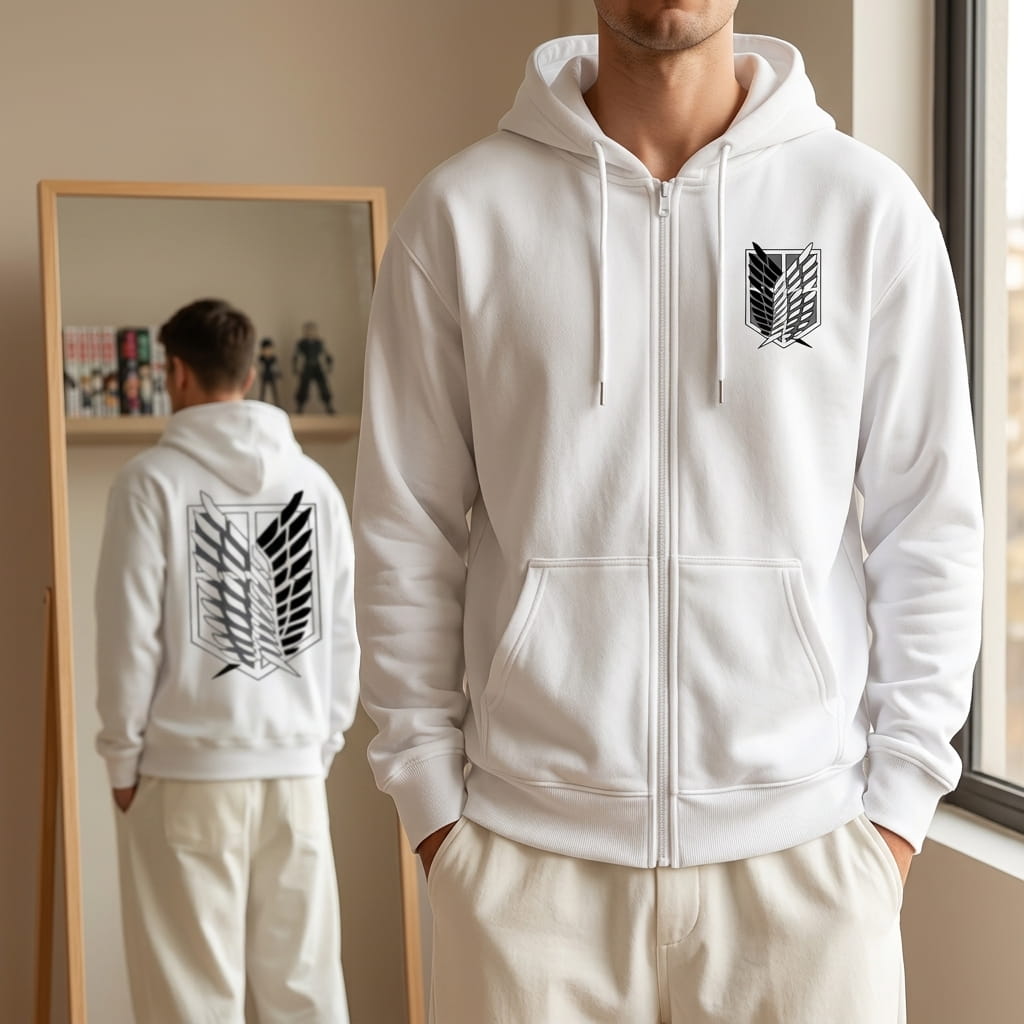 White Attack on Titan zip-up hoodie worn, Survey Corps emblem on the chest and, in the mirror, large on the back (decor not included)