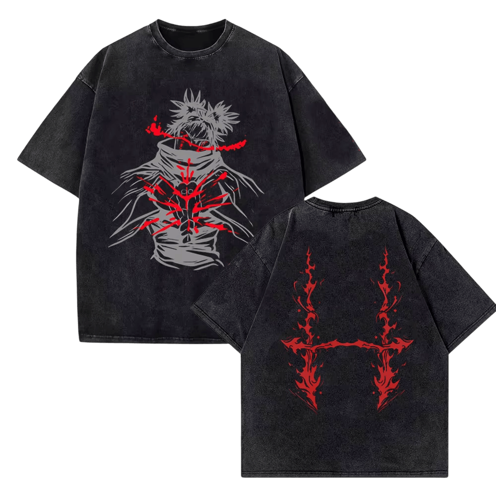 T-shirt Jujutsu Kaisen noir délavé, devant et dos : Choso en gris et rouge, col montant et lances de sang partant de la poitrine, deux flammes rouges au dos