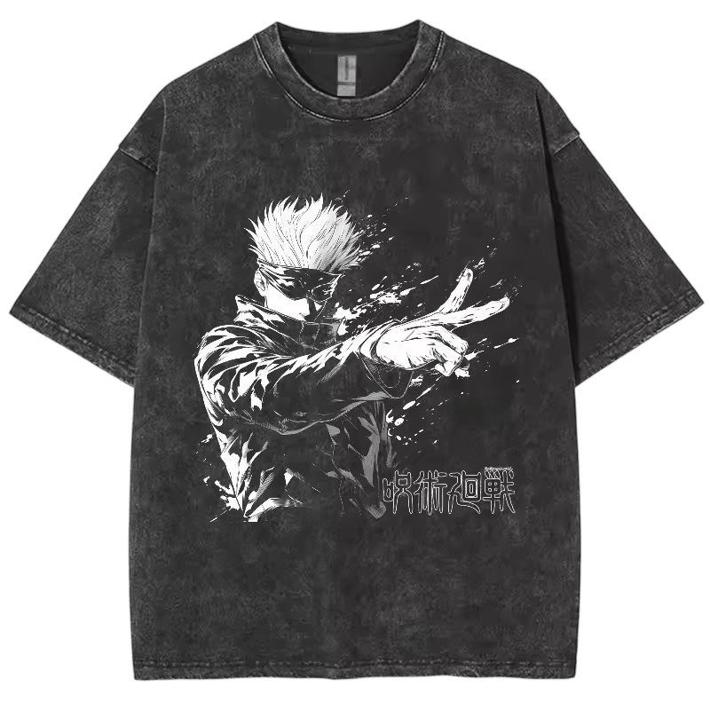 Washed black Jujutsu Kaisen T-shirt on a light background: Satoru Gojo in profile, arm outstretched and blindfold over his eyes, surrounded by white splashes