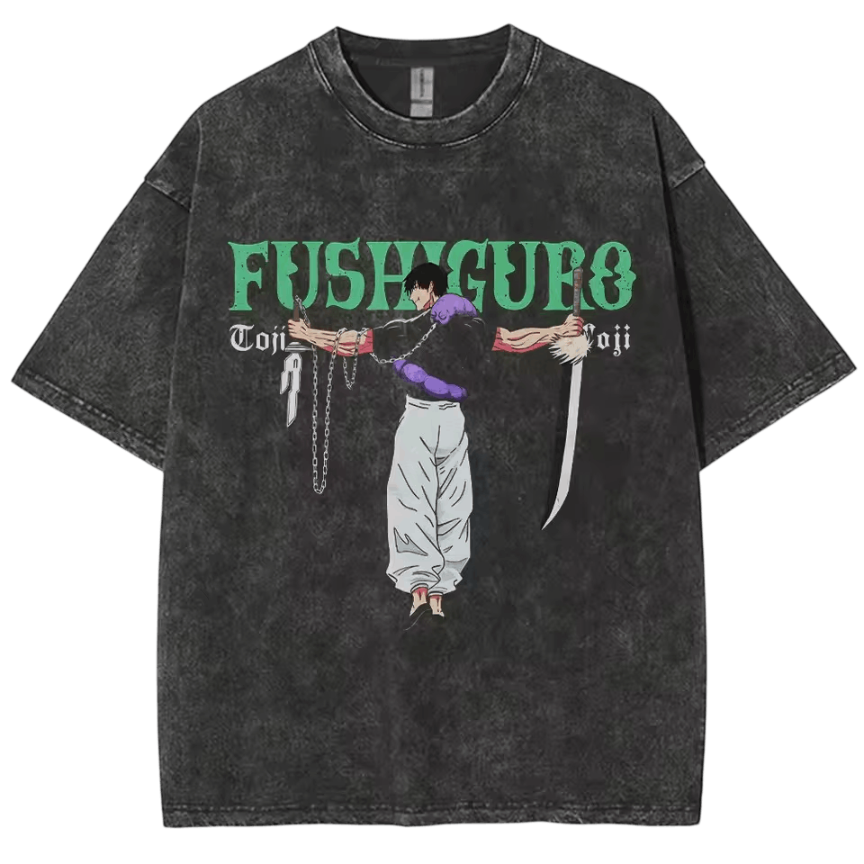 Washed black Jujutsu Kaisen T-shirt on a light background: Toji Fushiguro full length, taut chain and curved blade, his name FUSHIGURO in green above