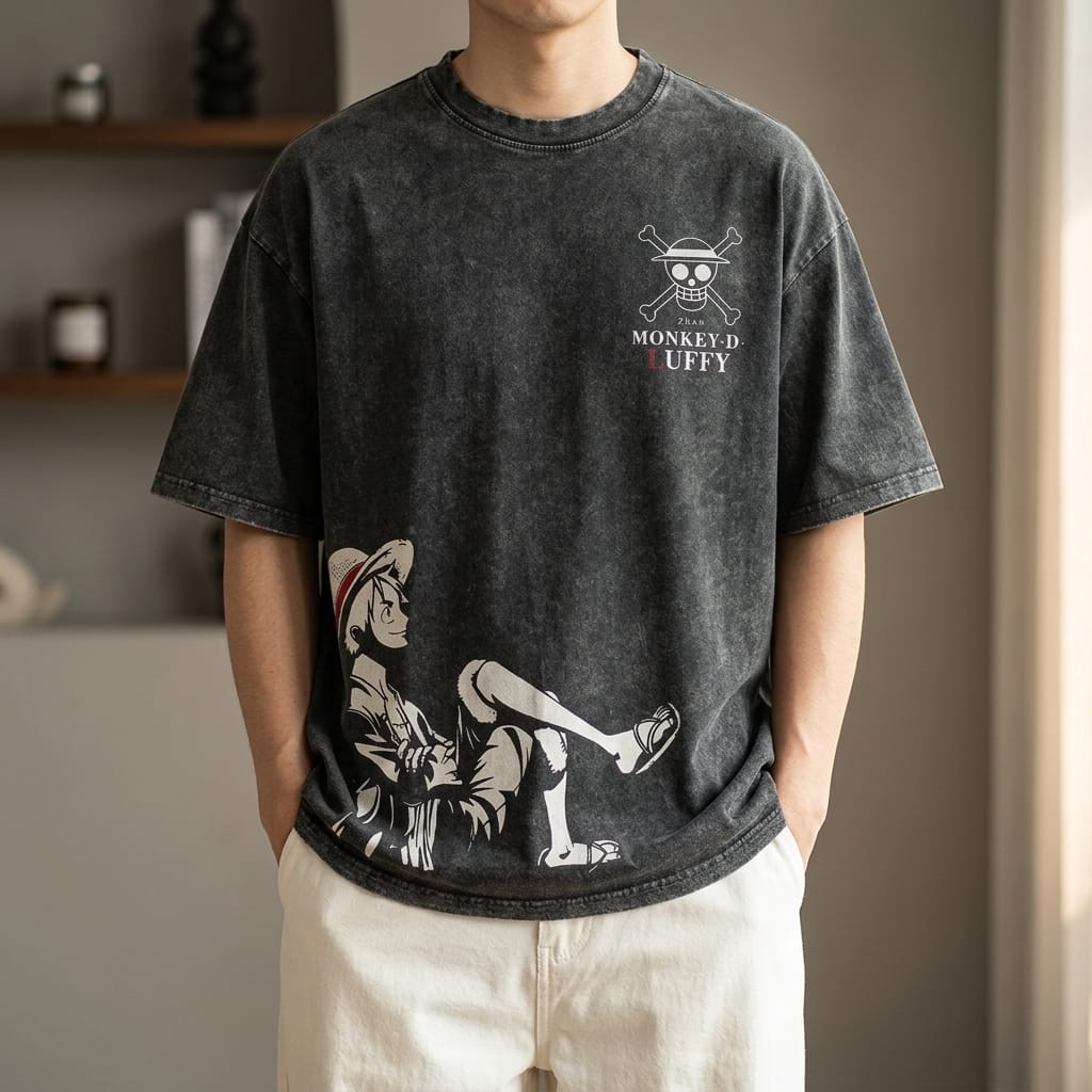 T-shirt délavé One Piece gris anthracite porté, avec l'emblème au chapeau de paille et un grand Luffy assis (décor non inclus)