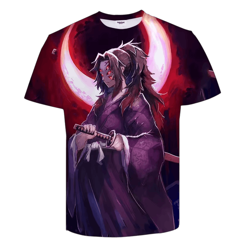 Demon Slayer T-shirt with an all-over print: Kokushibō in a purple kimono, long black hair and six red eyes, in front of a wide red crescent moon