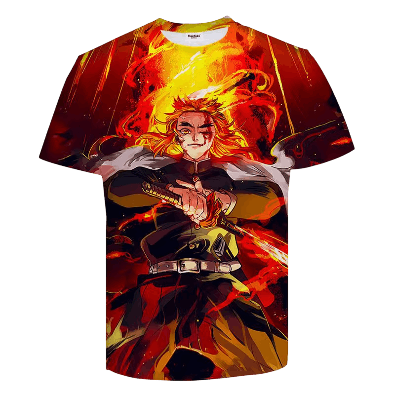 T-shirt Demon Slayer imprimé sur toute la surface : Kyojuro Rengoku en haori blanc à pointes de feu, sabre nichirin devant lui, entouré de flammes rouges et jaunes