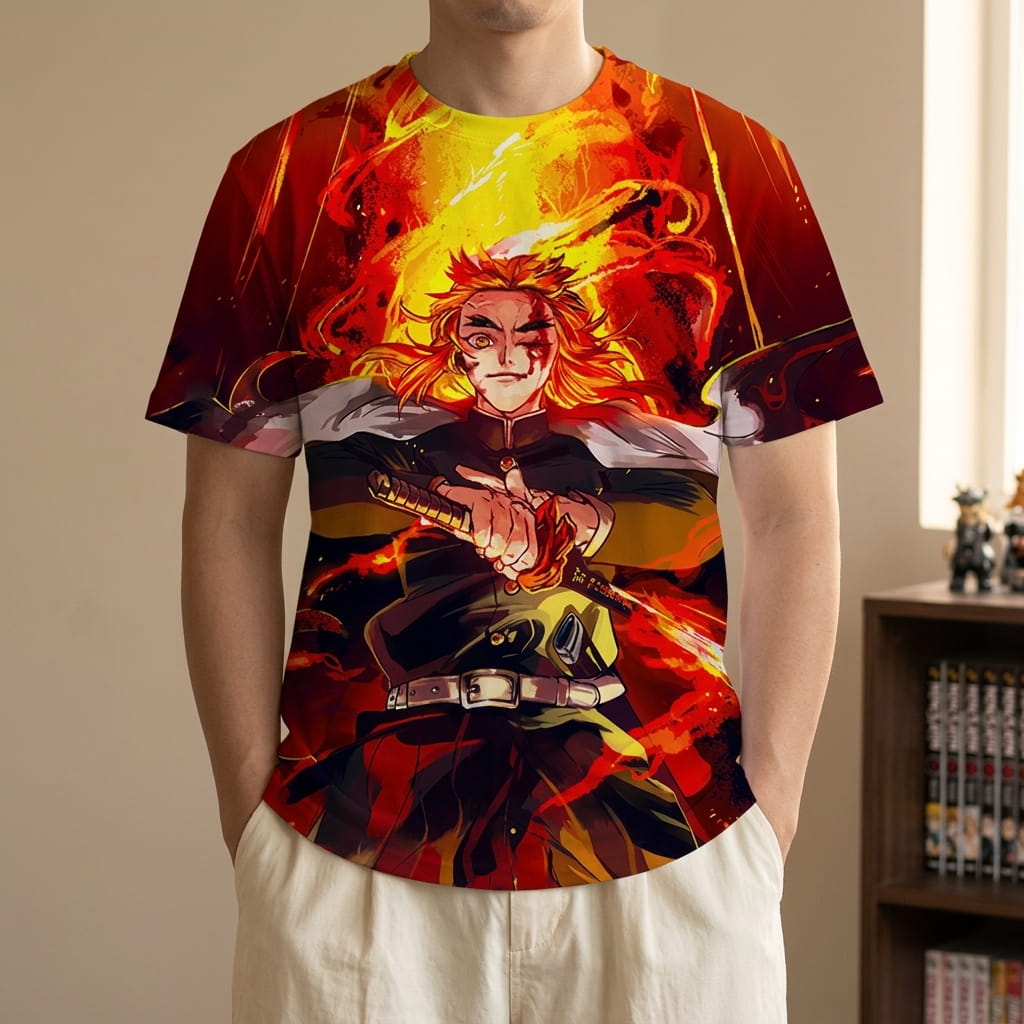Red and yellow Demon Slayer T-shirt worn, Kyojuro Rengoku printed at the centre of the flames, sword held horizontally (decor not included)