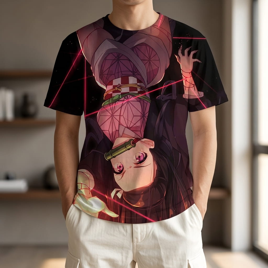 Black Demon Slayer T-shirt worn, Nezuko Kamado printed upside down in her pink kimono with her bamboo muzzle (decor not included)