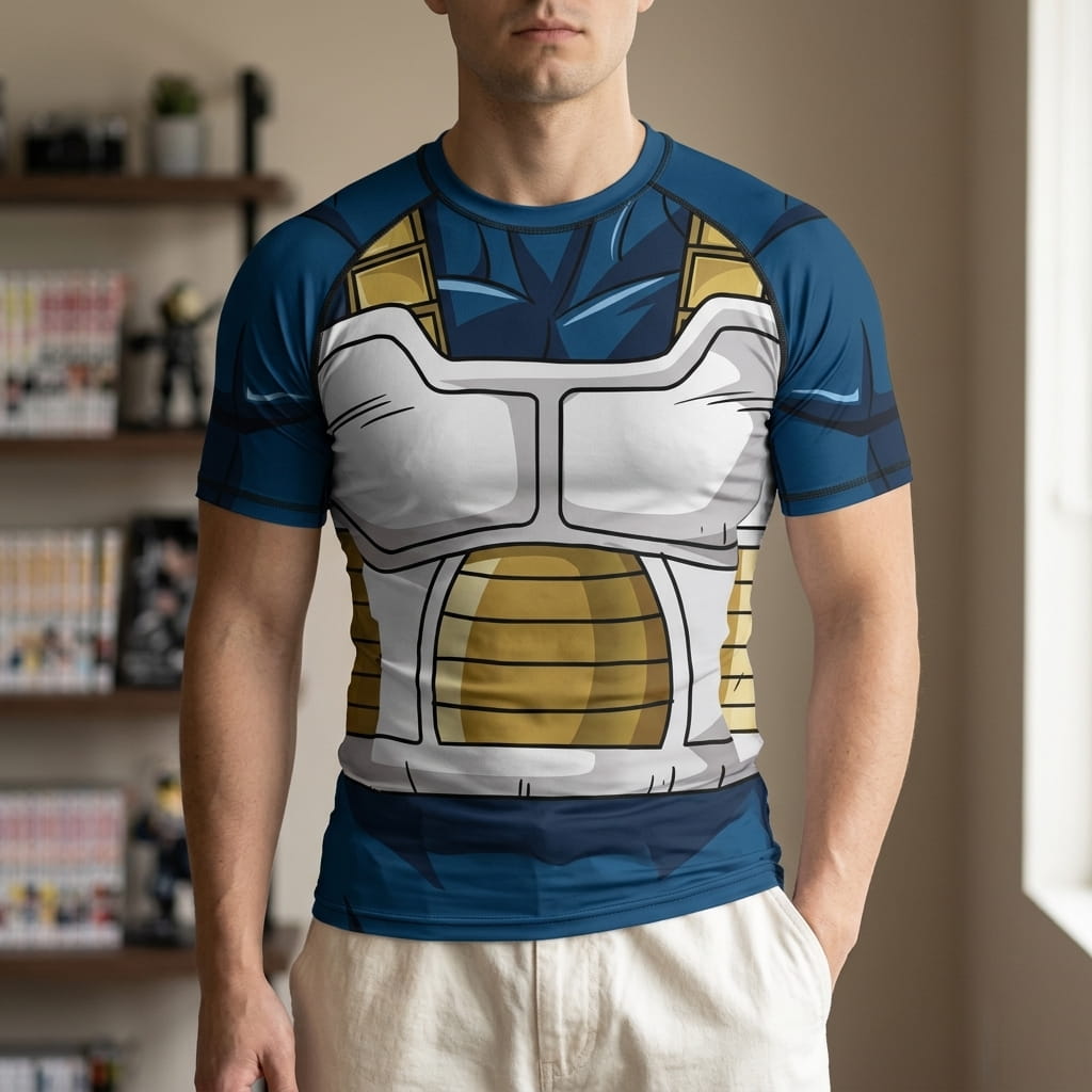 T-shirt Dragon Ball porté, imprimé de l'armure de combat saiyan de Vegeta : plastron blanc, pièces jaunes et manches bleues (décor non inclus)