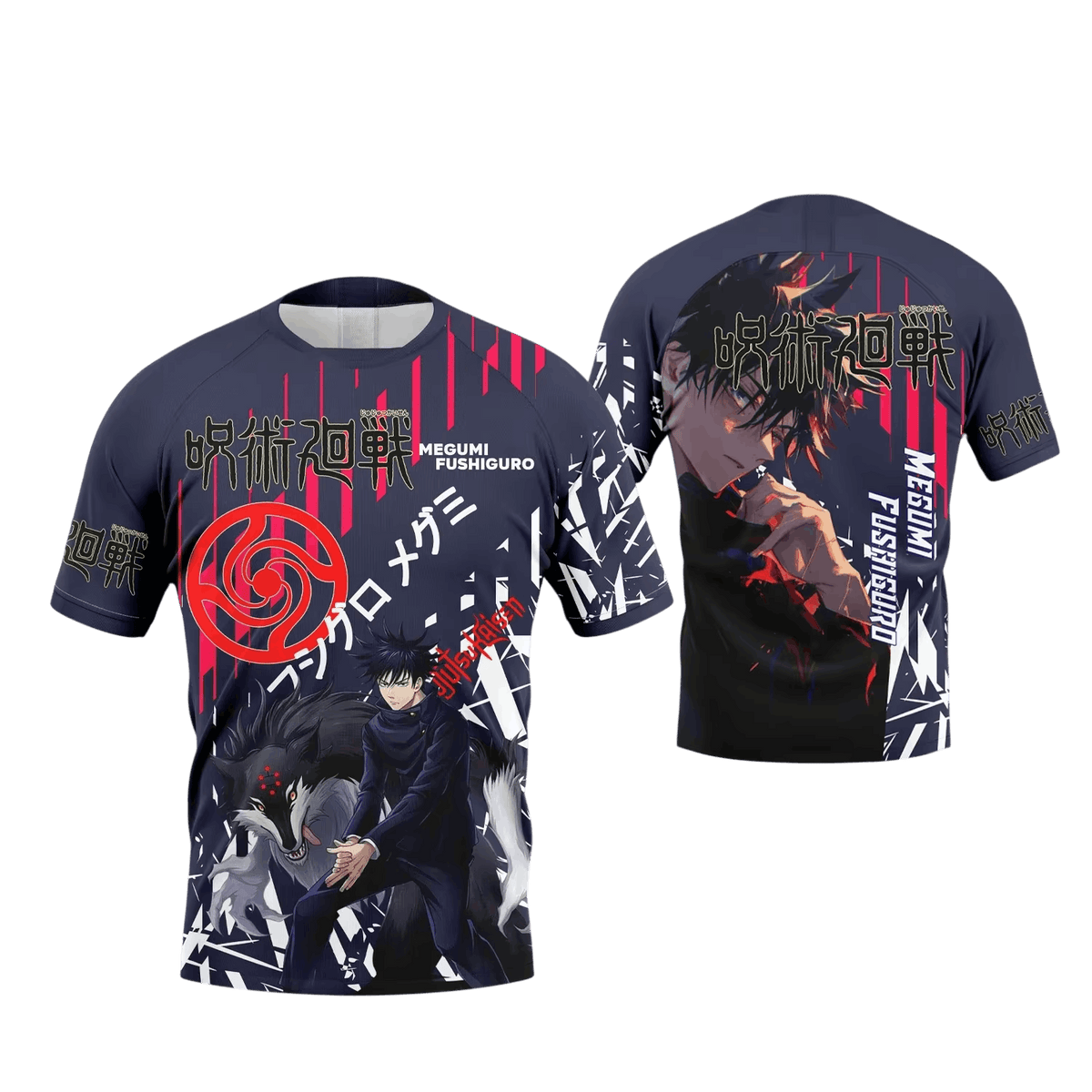 T-shirt Jujutsu Kaisen bleu nuit et rouge, devant et dos : sur le devant, Megumi Fushiguro et son chien de jade, un grand loup noir ; au dos, son portrait