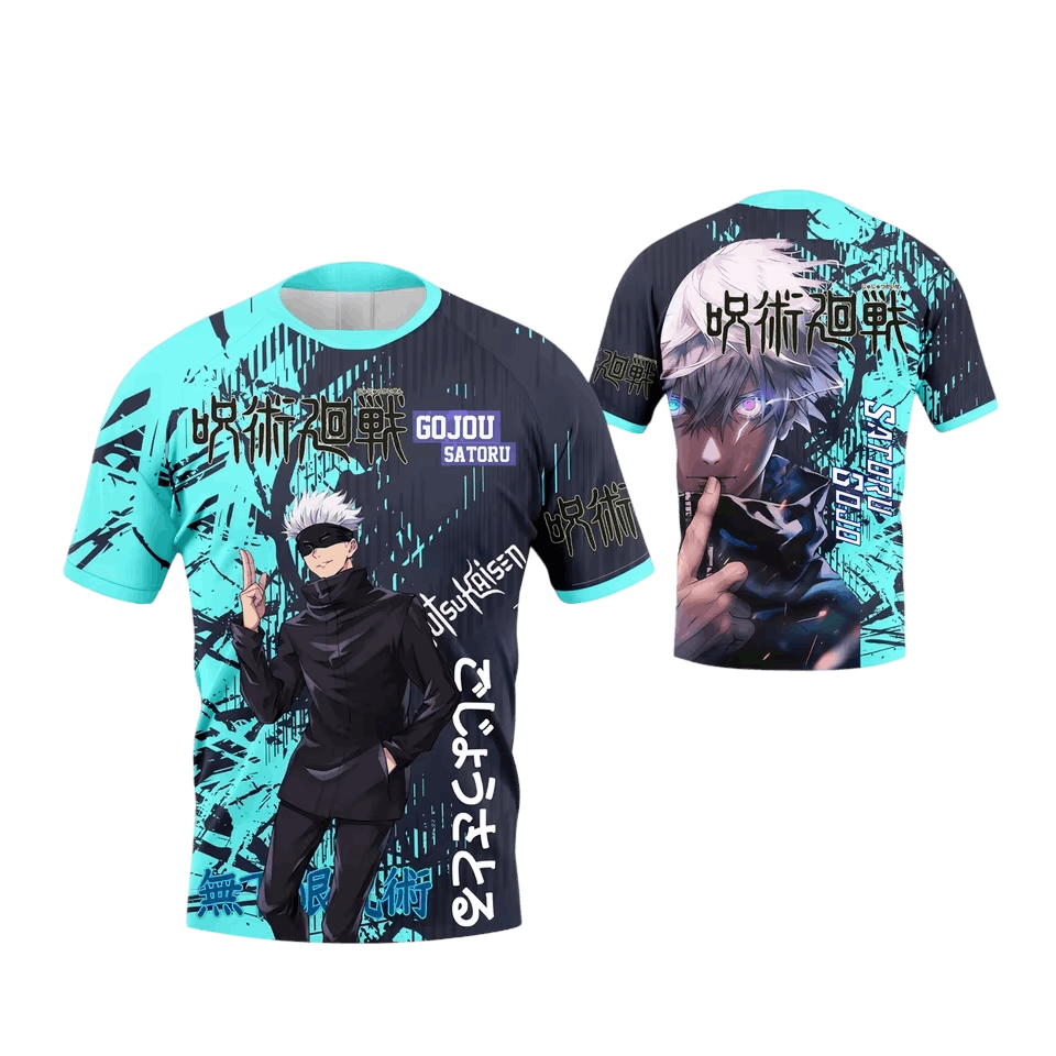 Turquoise and midnight blue Jujutsu Kaisen T-shirt, front and back: Satoru Gojo with his blindfold on the front, in close-up without his blindfold on the back
