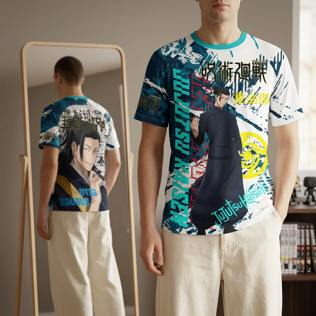 White and teal Jujutsu Kaisen T-shirt worn, Suguru Geto in a black kesa on the front and his face on the back in the mirror (decor not included)