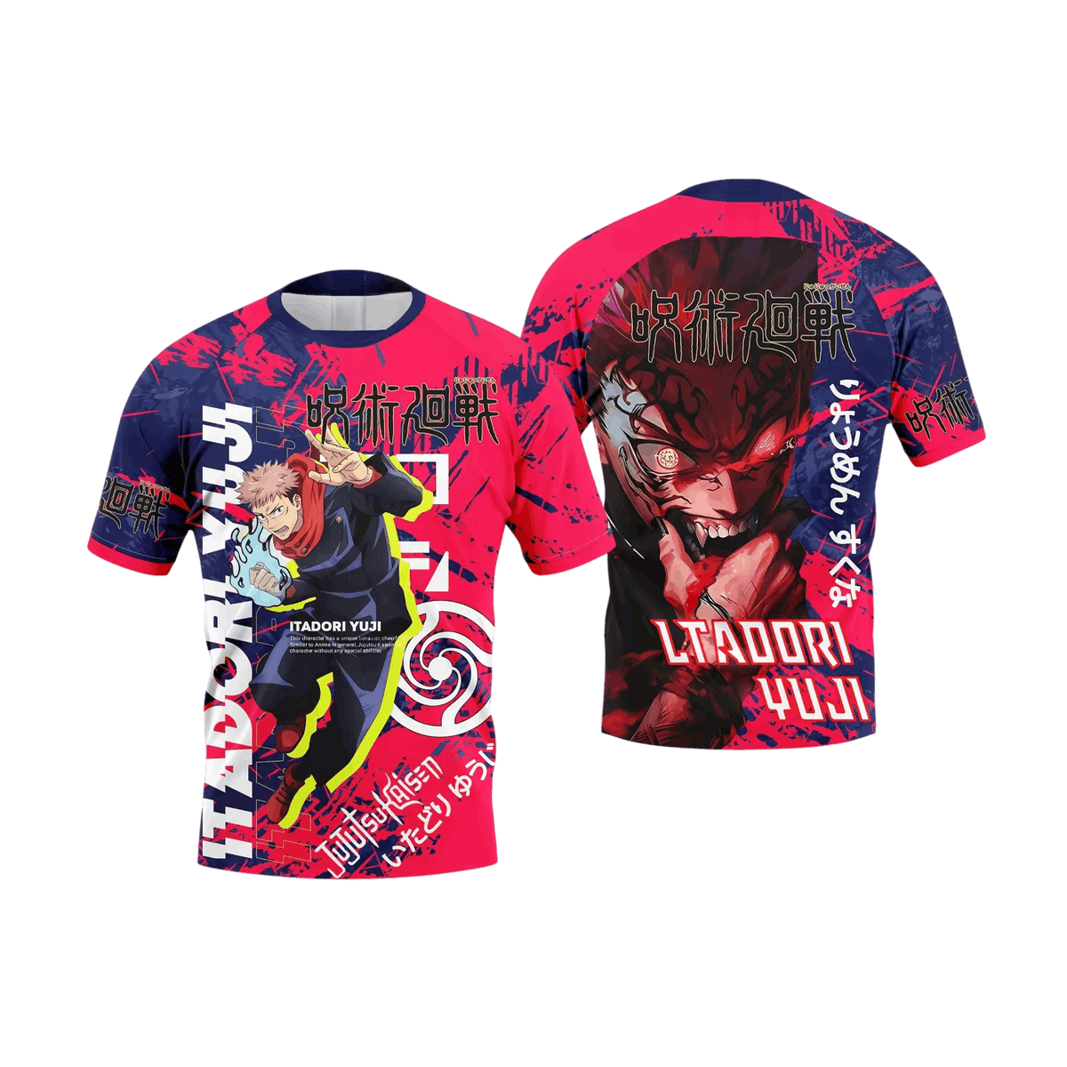 T-shirt Jujutsu Kaisen rouge framboise et bleu nuit, devant et dos : Yuji Itadori à l'attaque devant, visage de Sukuna au dos