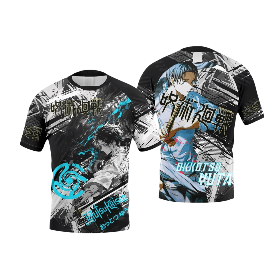 Black, white and turquoise Jujutsu Kaisen T-shirt, front and back: Yuta Okkotsu with his katana on the front, in color, in shades of blue, on the back