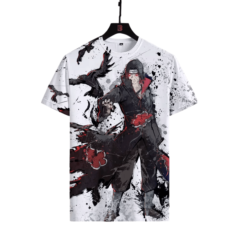 White ink-wash Naruto T-shirt on a hanger: Itachi Uchiha full length, black coat with red clouds, crows and black splashes