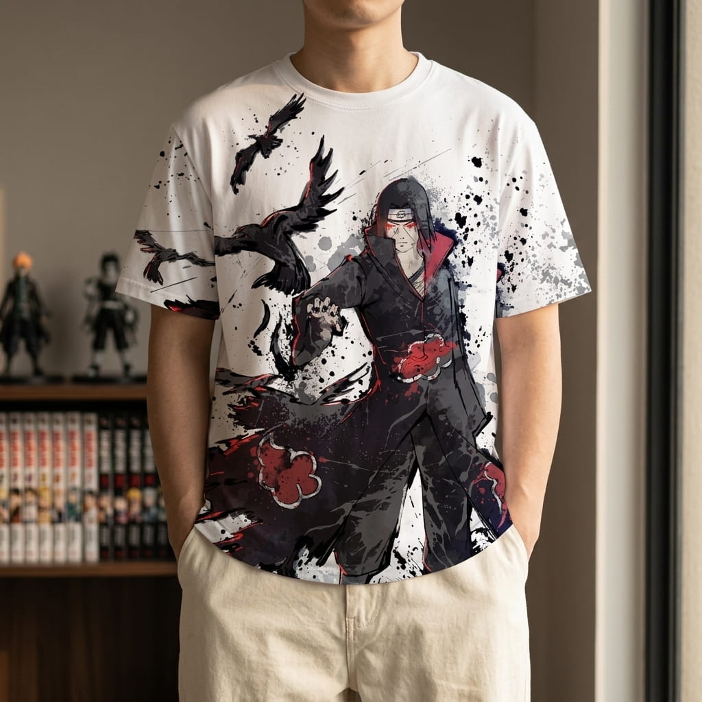 White ink Naruto T-shirt worn, Itachi Uchiha in his Akatsuki coat surrounded by crows printed on the front (decor not included)