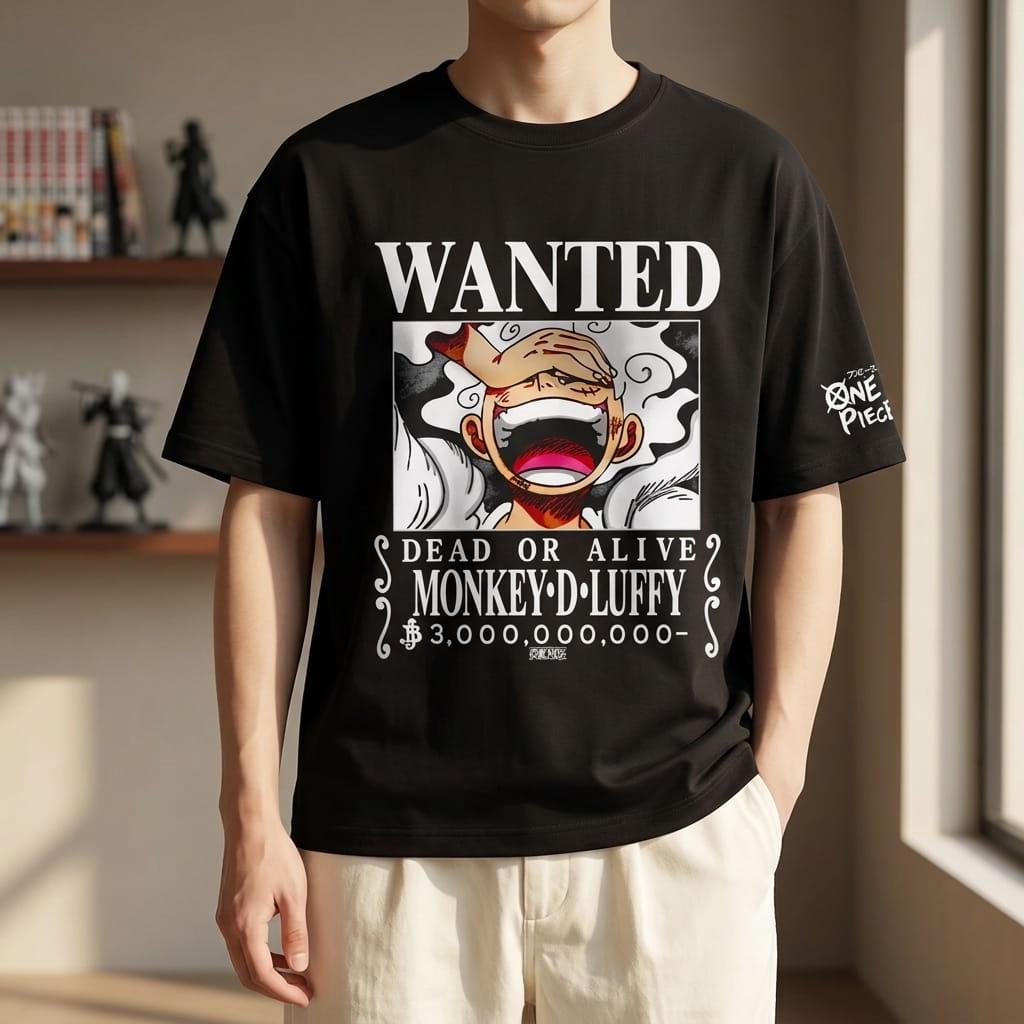 T-shirt One Piece noir porté, avec l'avis de recherche de Luffy en Gear 5 sur le devant (décor non inclus)