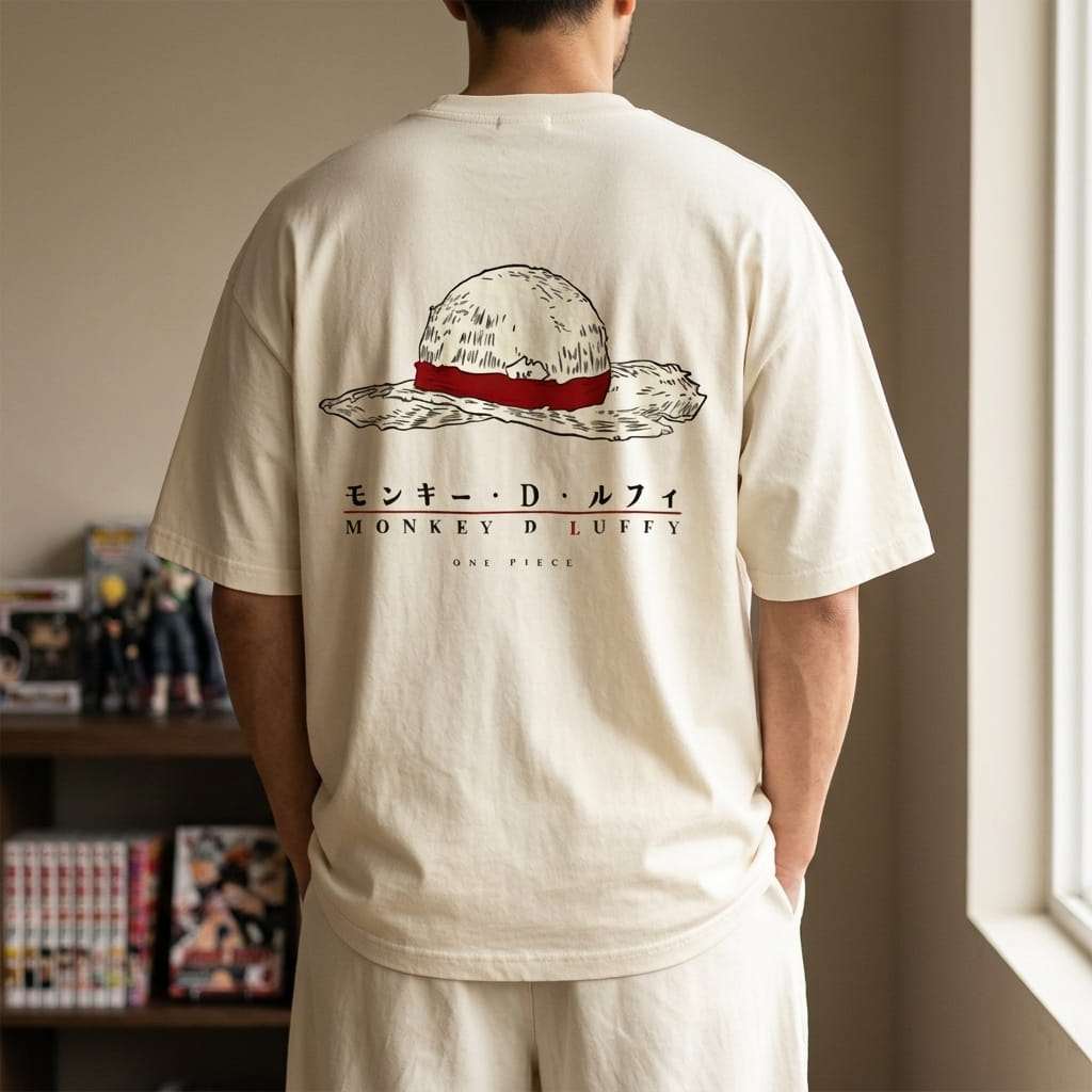 Beige One Piece T-shirt worn from behind, Luffy's straw hat and his name in katakana printed in the middle of the back (decor not included)