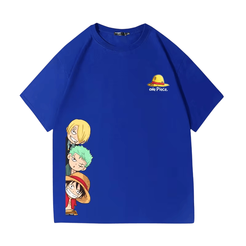 Royal blue One Piece T-shirt, front view: chibi Sanji, Zoro and Luffy at the bottom of the front and straw hat on the chest