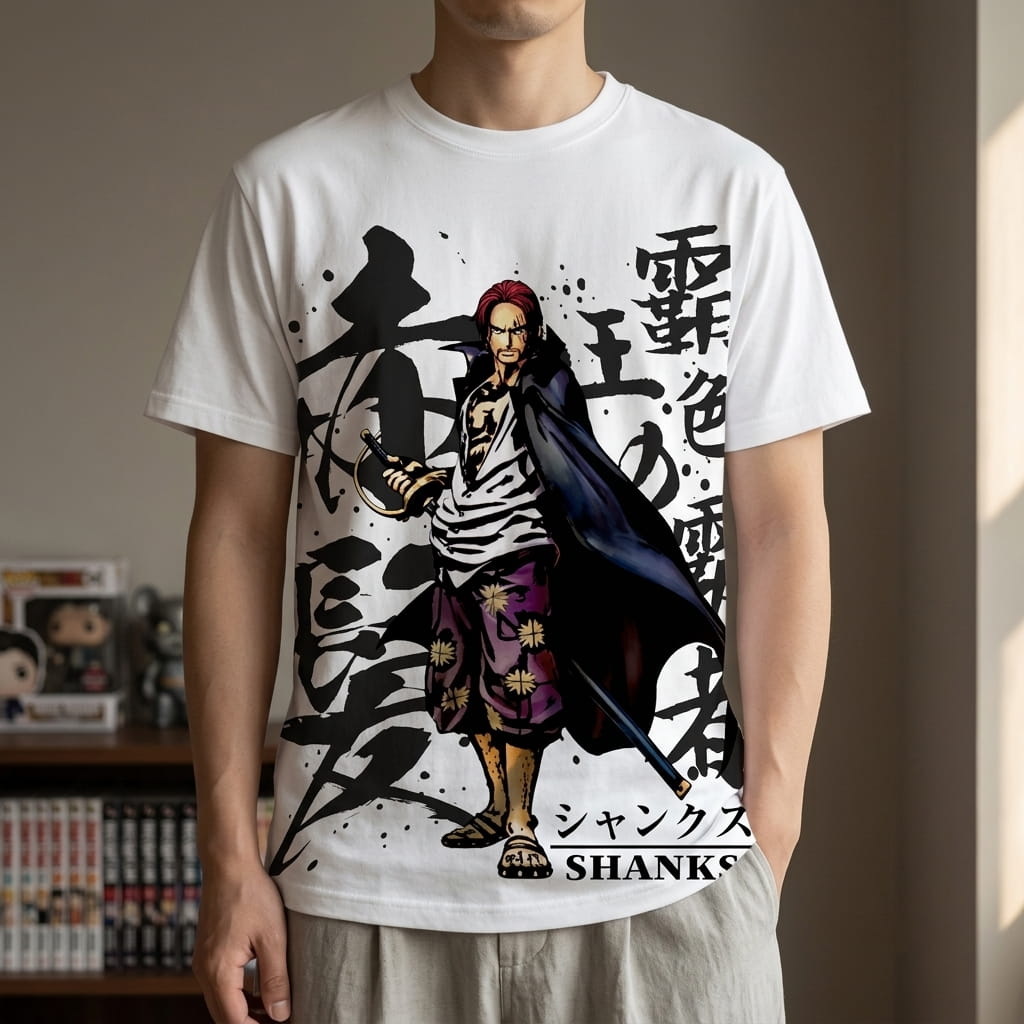 T-shirt One Piece blanc porté, avec Shanks le Roux en pied entre deux colonnes de calligraphie japonaise (décor non inclus)