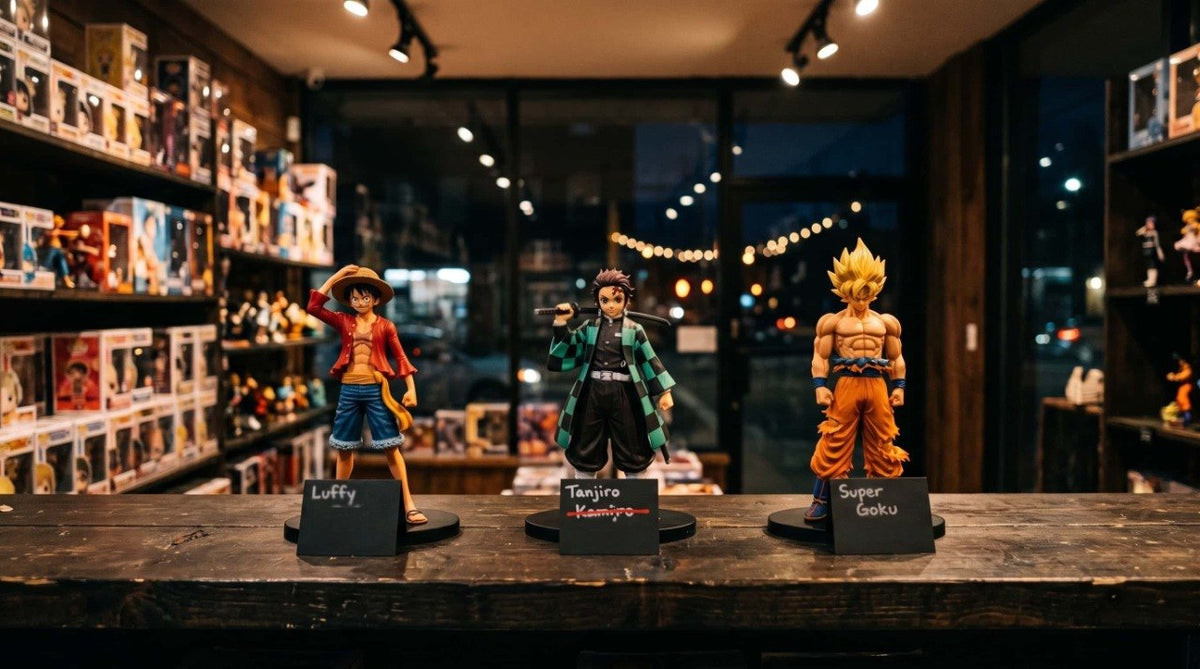 Comptoir en bois sombre d'une boutique de figurines la nuit : Luffy au chapeau de paille, Tanjiro le sabre sur l'épaule et Goku en Super Saiyan sur socles noirs, chacun devant une petite ardoise ; rayonnages de figurines en boîte et vitrine sur la rue