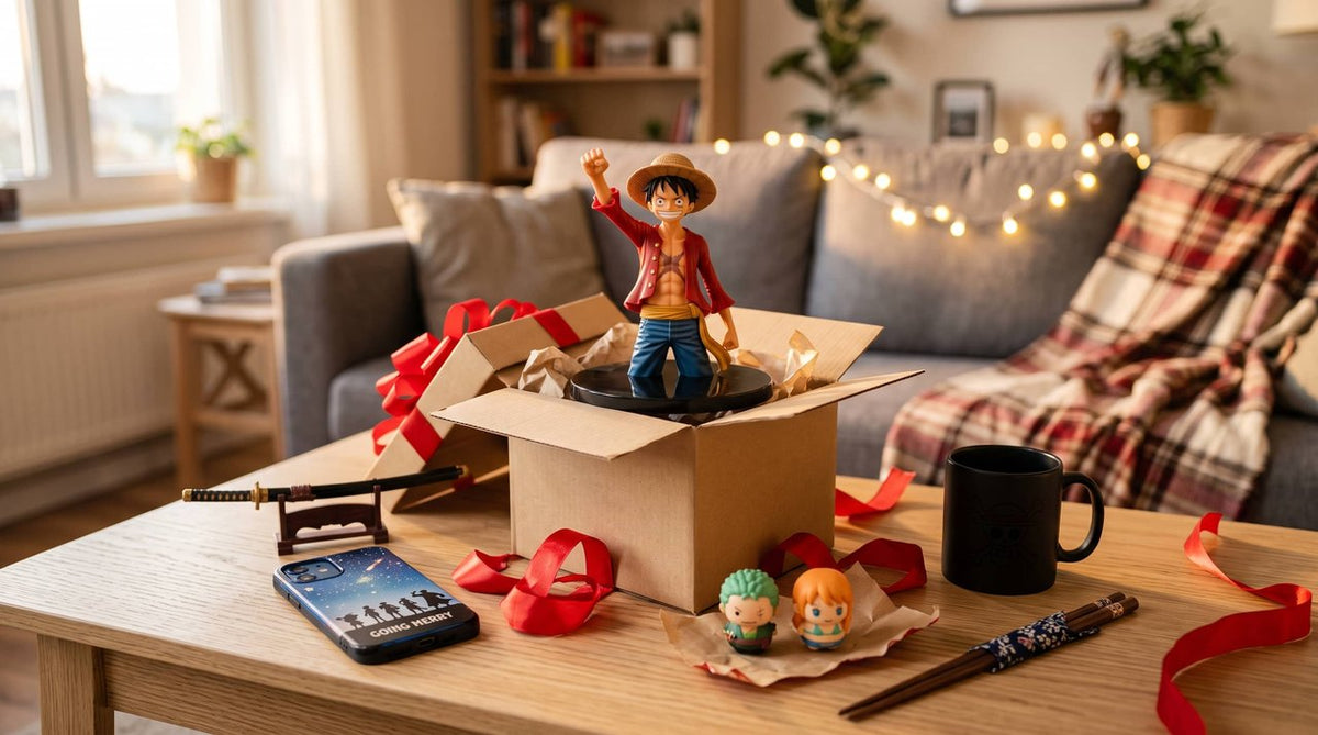 Figurine de Luffy sortant d'une boîte cadeau en kraft sur une table basse, entourée d'un katana miniature sur son support, d'une coque de téléphone One Piece, de deux petites figurines chibi, d'un mug et de baguettes