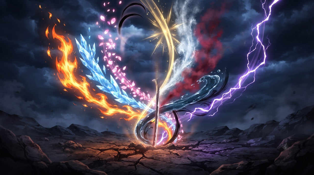 Dix énergies de bankai — feu, glace, pétales, foudre — convergent autour d'un katana planté dans un sol fissuré