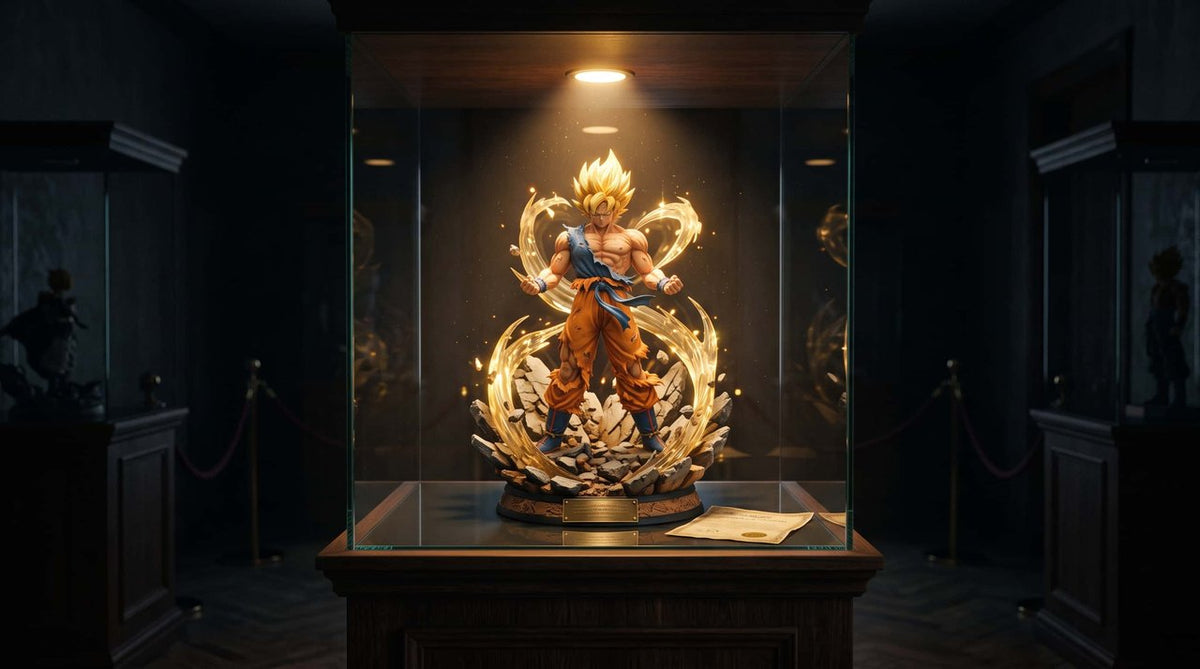 Statue de collection en résine de Goku Super Saiyan, aura dorée et socle de rochers, dans une vitrine en verre éclairée par un spot, avec plaque dorée et certificat, dans une salle de musée sombre