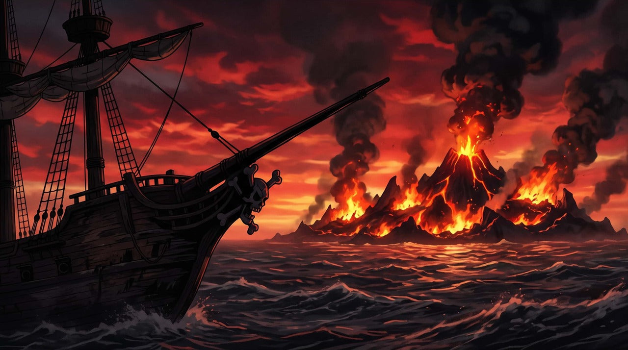 Proue d'un navire pirate à figure de proue en crâne face à une île volcanique en éruption et en flammes, ciel rouge et fumée noire